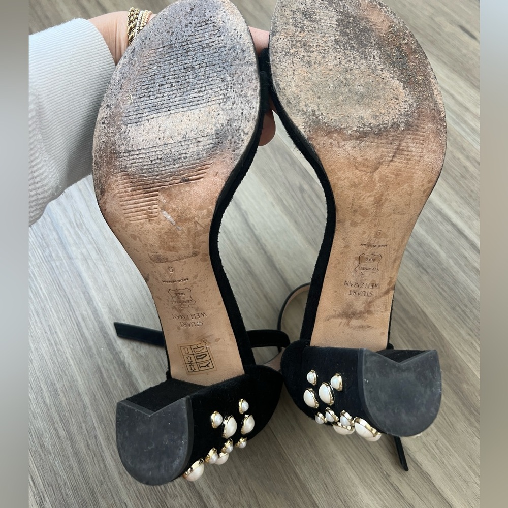 Stuart Weitzman “More Pearl” Black Suede Block Heel Size 9 - Picture 5 of 5